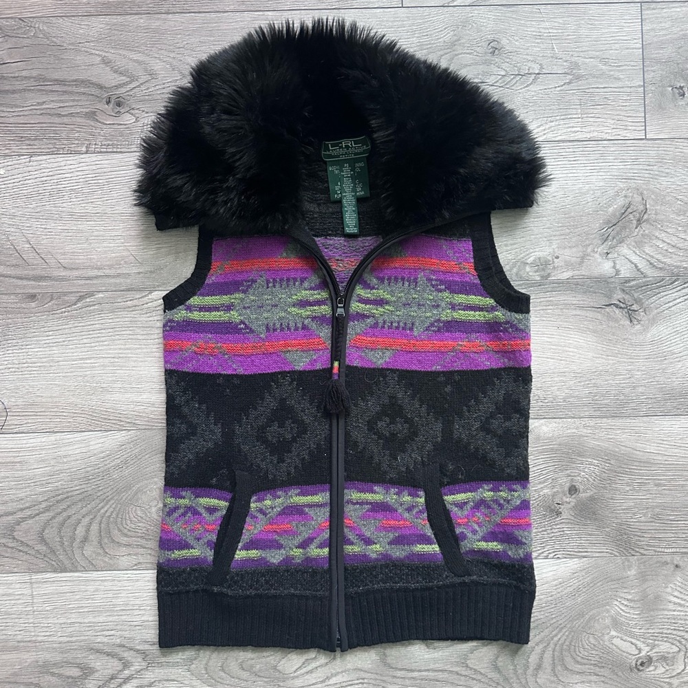 Ralph Lauren Black and Purple Patterned Vest with Fur Collar